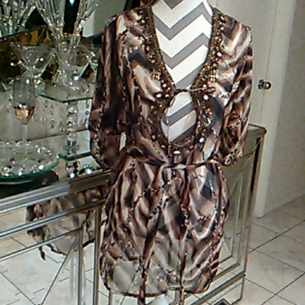 Arden B Leopard Sheer Top/Dress Beaded